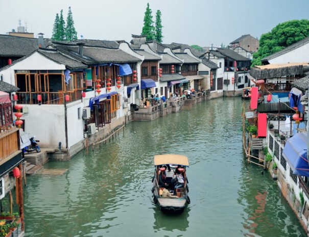 Shanghai Zhujiajiao town with boat and historic buildings